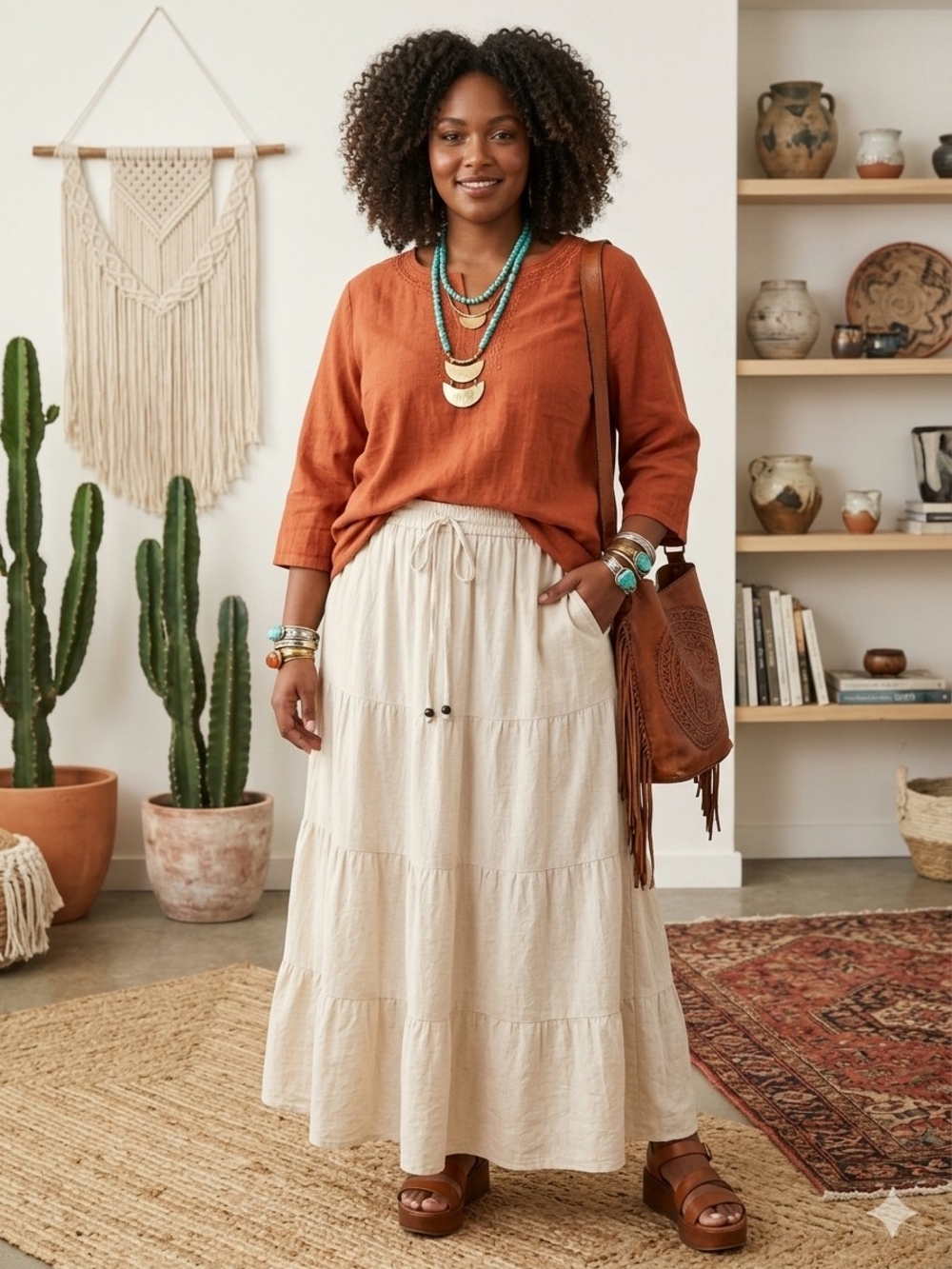 Marianne Boho Tiered Maxi Skirt in Natural Cream Plus SIZE 2X